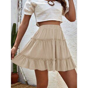 Tiered ruffle mini skirt elastic waist boho tan